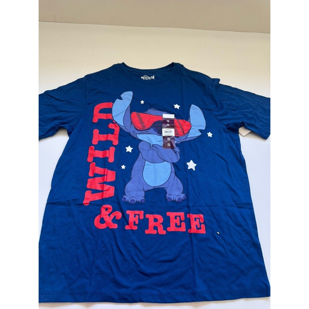 Disney Stitch Wild & Free Unisex Kids XXL 18 Blue Graphic T Shirt NWT